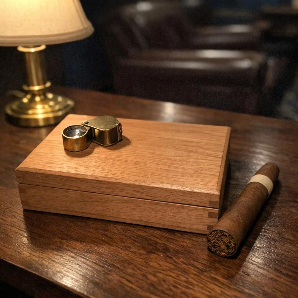 A closed cedar cigar box rests on a walnut desk beside a brass jeweller's loupe, with a single unlit cigar alongside and a brass lamp lighting the grain.