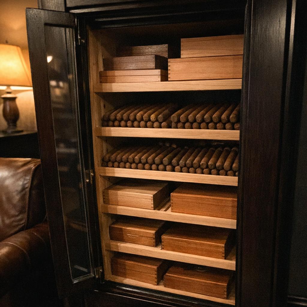A tall wooden cigar cabinet with its glass door ajar, revealing cedar shelves stacked with boxes and rows of cigars.