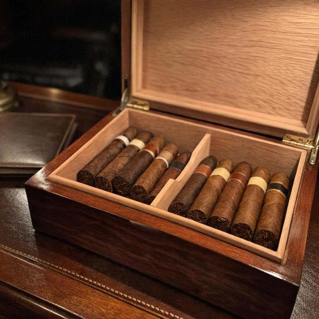 An open desktop humidor with a cedar interior and divider tray holding rows of banded cigars on a leather-topped desk.