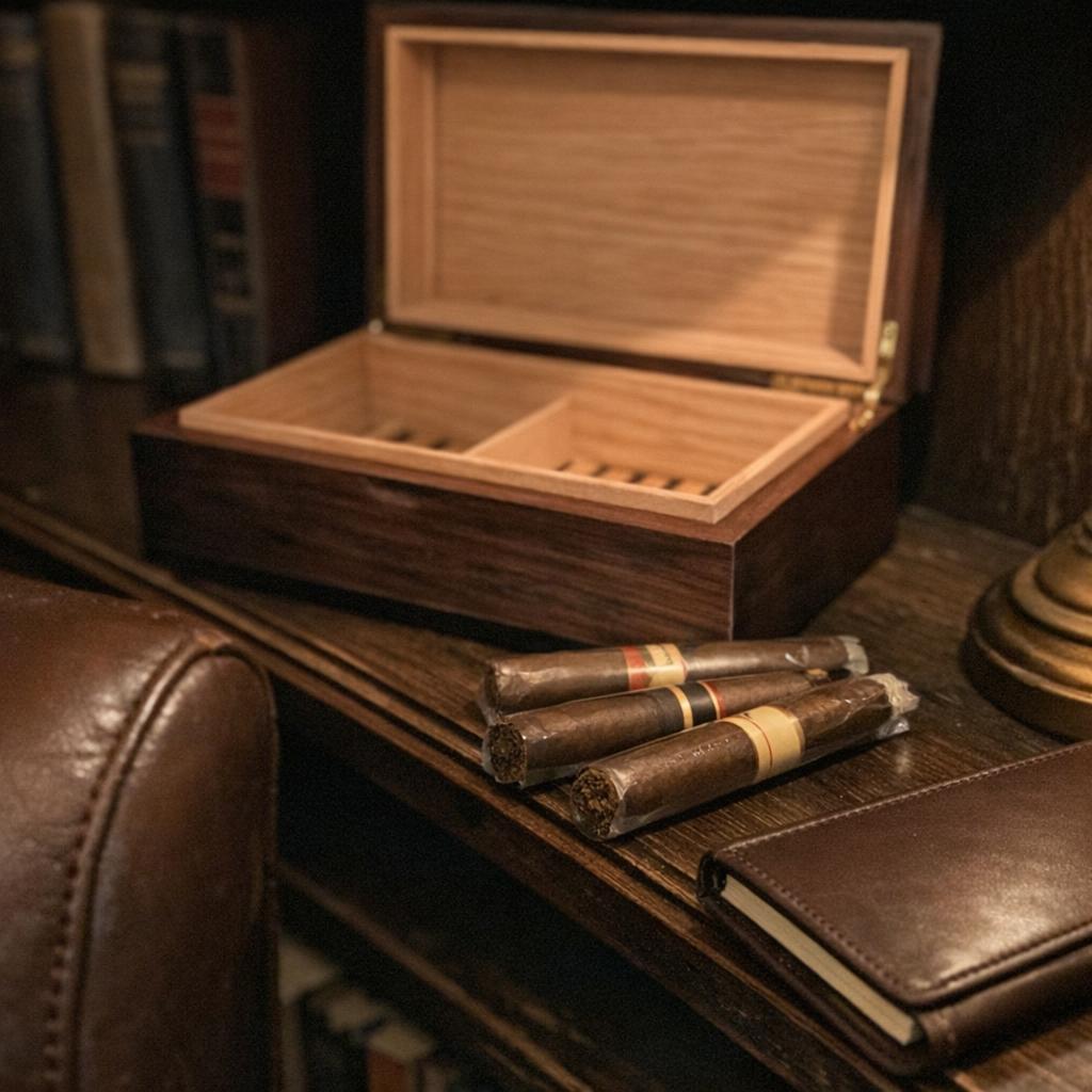 An open cedar-lined humidor on a study shelf beside three cigars resting still sleeved in cellophane.