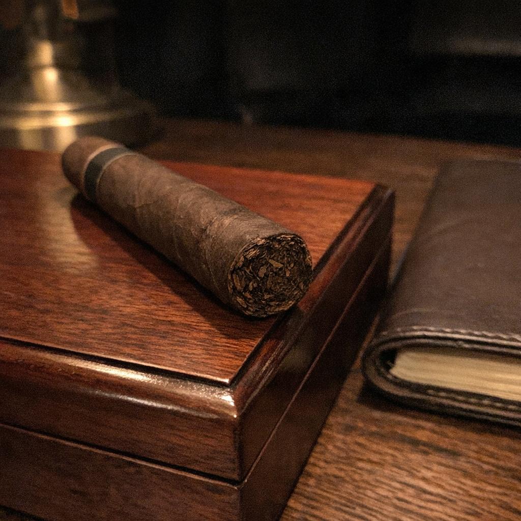 A single cigar resting on the closed lid of a polished humidor beside a shut leather notebook in lamplight.