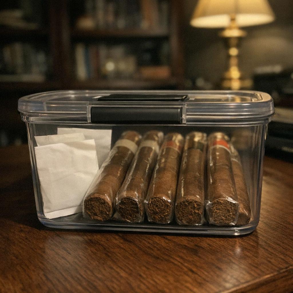 A clear airtight container holding cellophane-sleeved cigars beside two humidity regulator packets on a study desk.