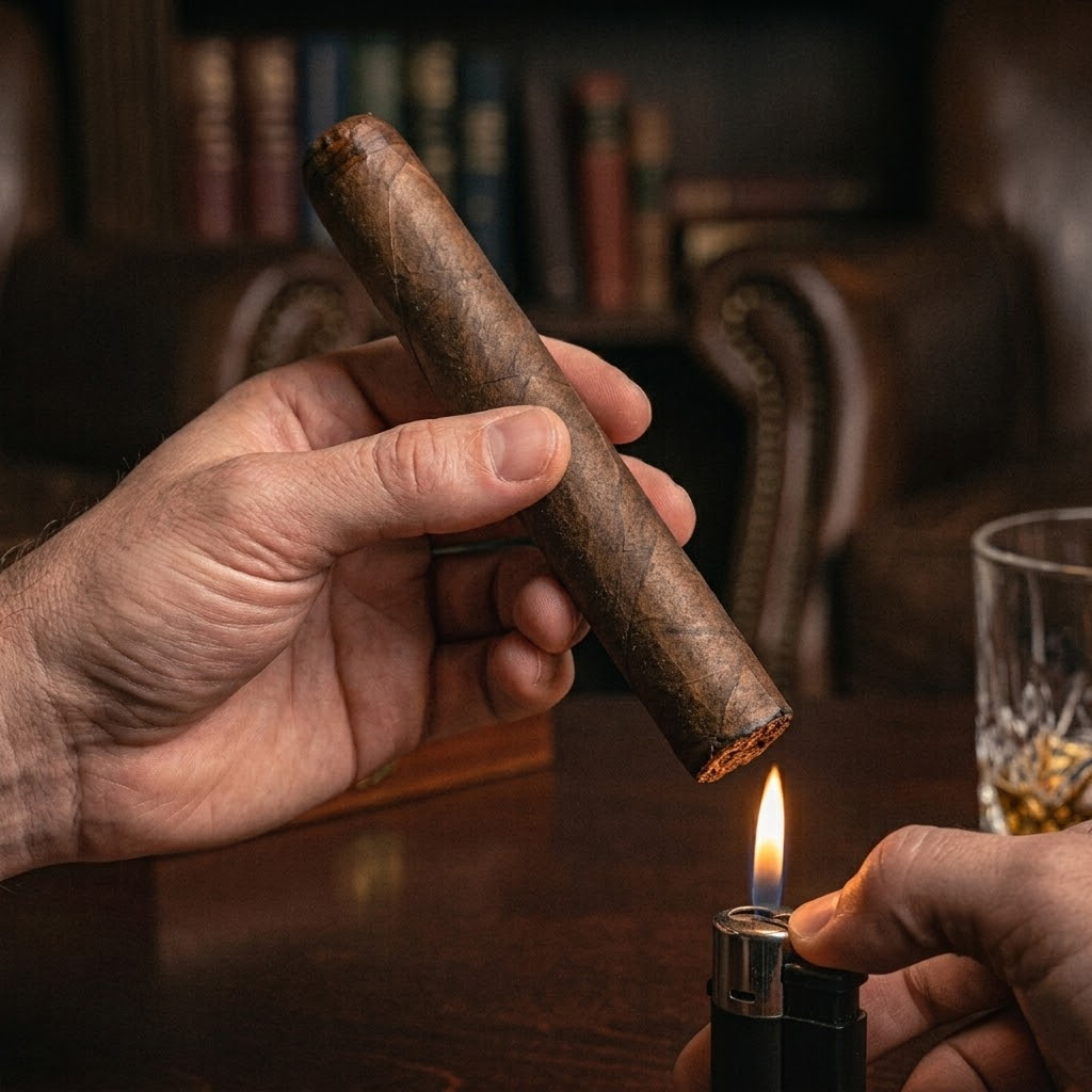 Lighting a cigar the right way, the foot held just above a soft flame to set an even burn
