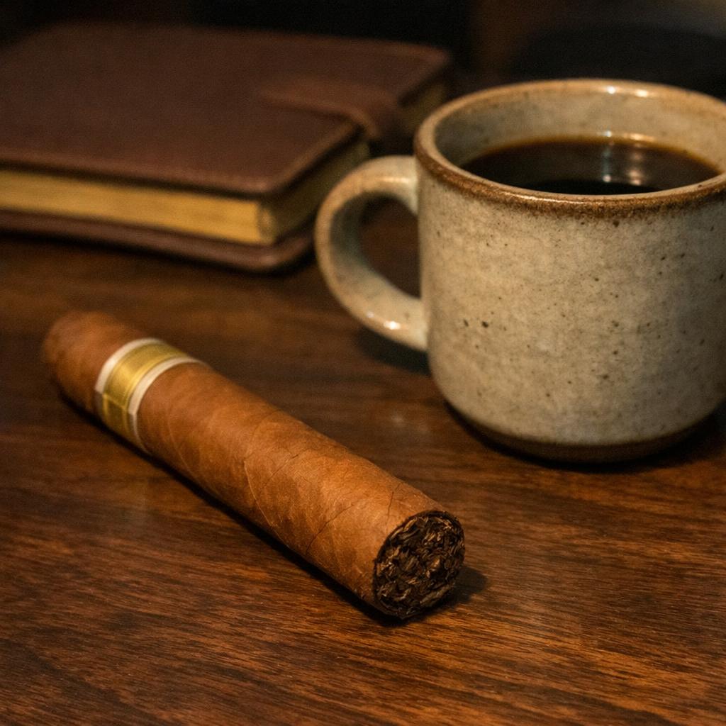 A caramel-brown cigar rests on a dark walnut desk beside a stoneware mug of medium-roast coffee and a closed leather notebook.