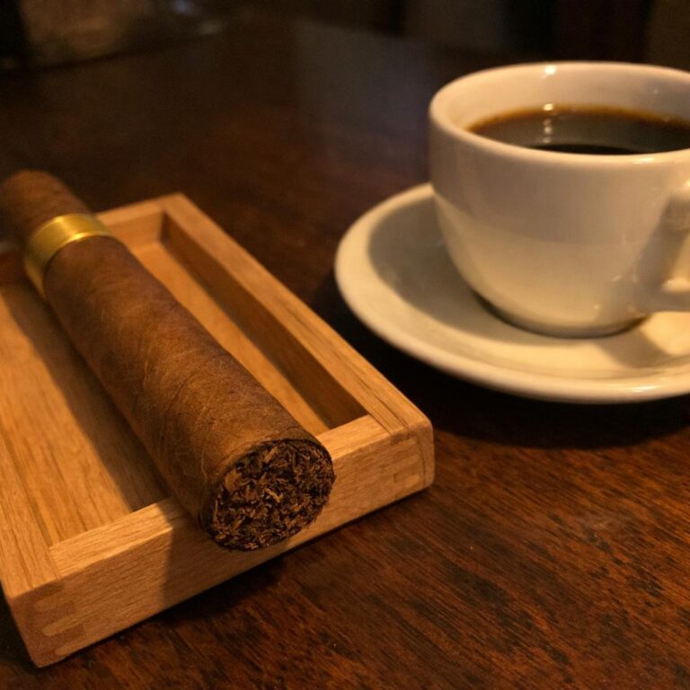 An unlit cigar with a natural brown wrapper rests on a cedar tray beside a white cup of black coffee on a dark walnut table.