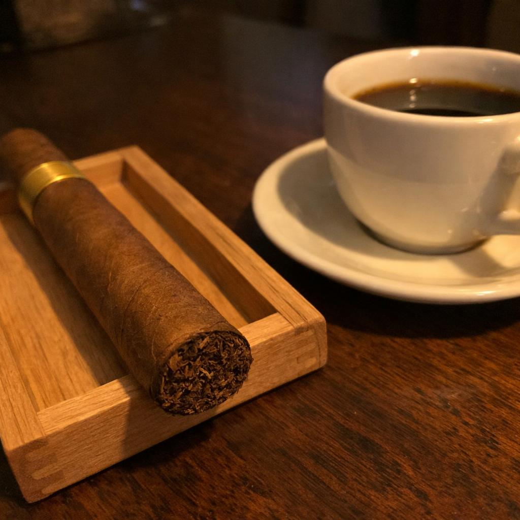 An unlit cigar with a natural brown wrapper rests on a cedar tray beside a white cup of black coffee on a dark walnut table.