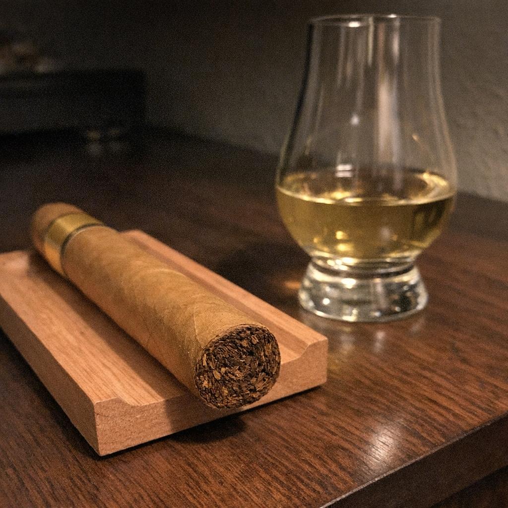 A pale Connecticut-shade cigar on a light cedar rest beside a tulip glass of pale gold Speyside whisky