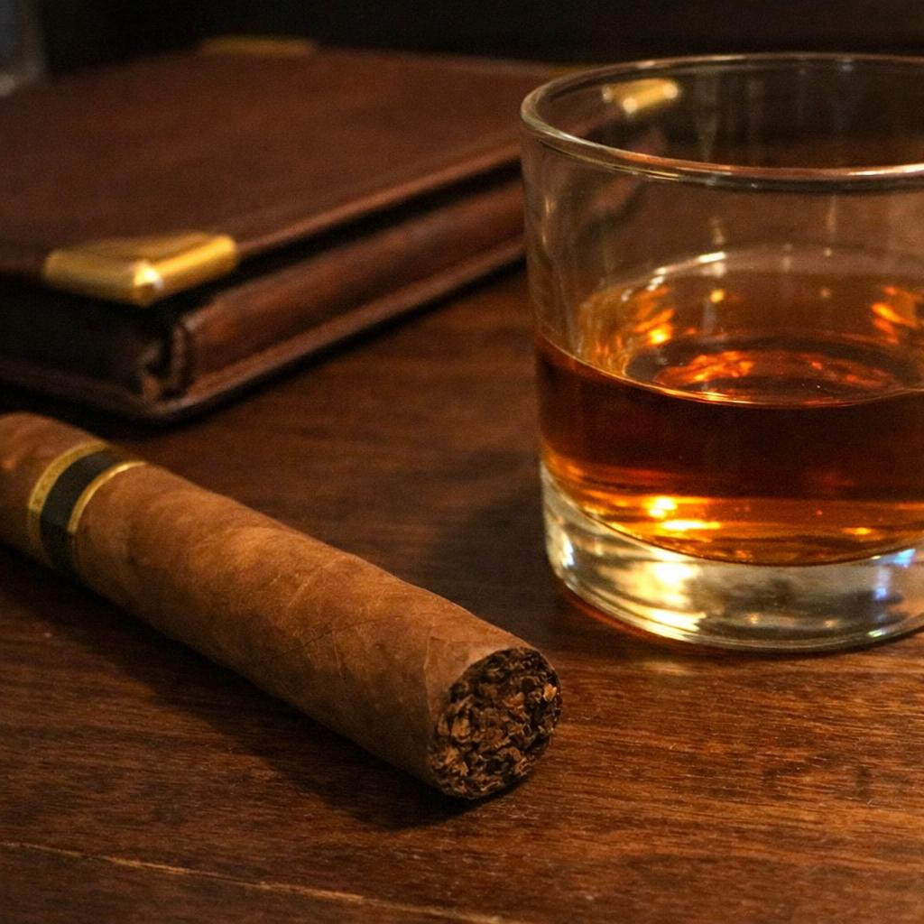 A medium russet Cameroon-wrapped cigar resting on a walnut desk beside a rocks glass of amber bourbon and a leather notebook