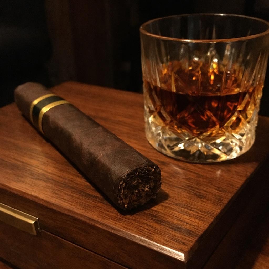 A dark box-pressed maduro cigar resting on a walnut humidor lid beside a cut-crystal tumbler of deep amber whisky