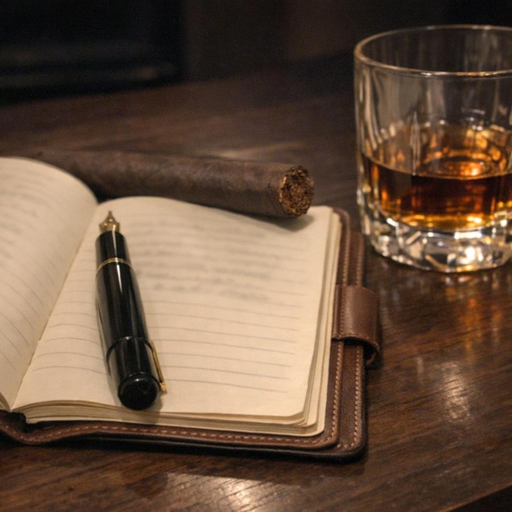 An open leather tasting notebook with a fountain pen, an unlit maduro cigar across the top edge and a crystal tumbler of whisky beside it