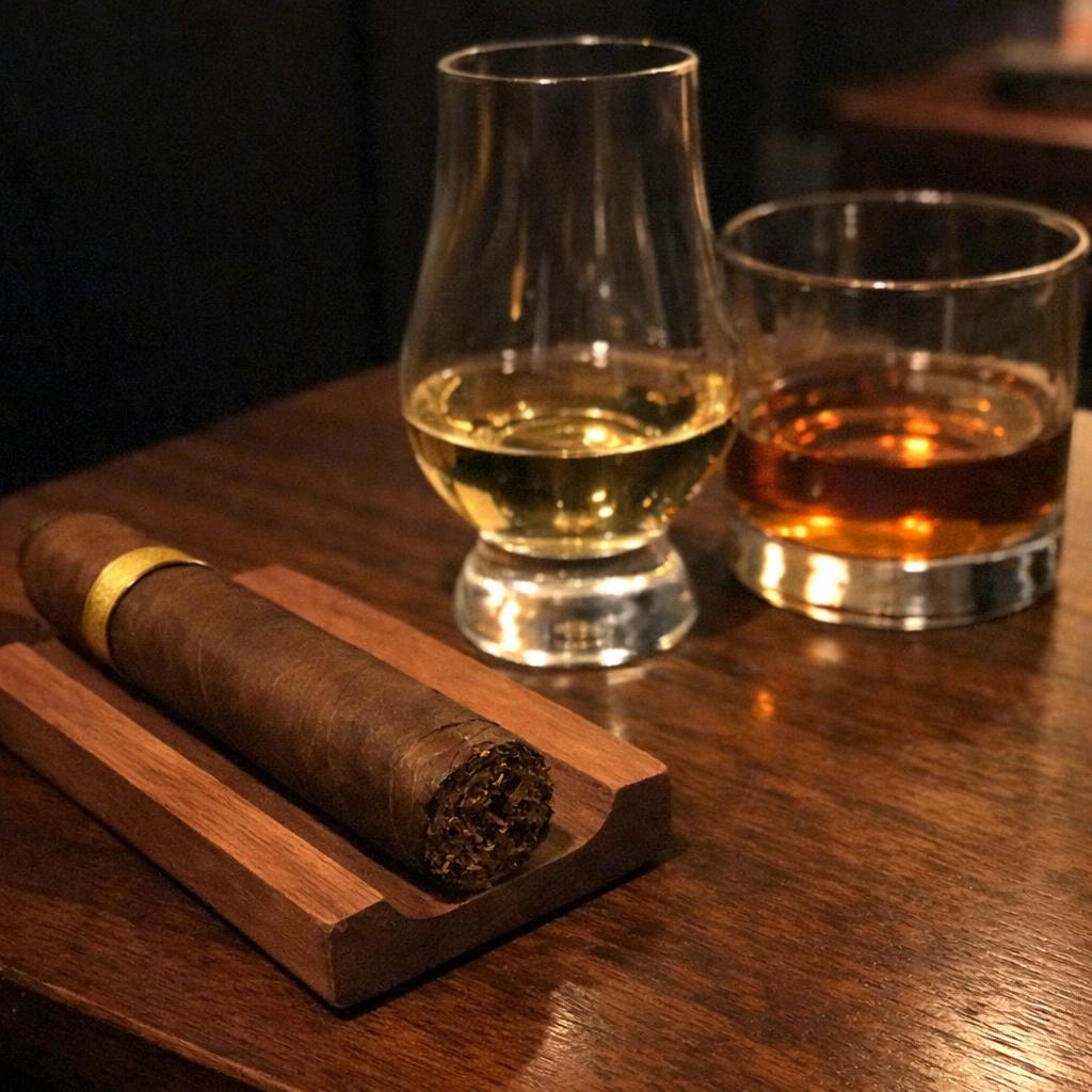 An unlit cigar on a cedar rest beside a nosing glass of pale Scotch and a tumbler of amber bourbon on a dark sideboard