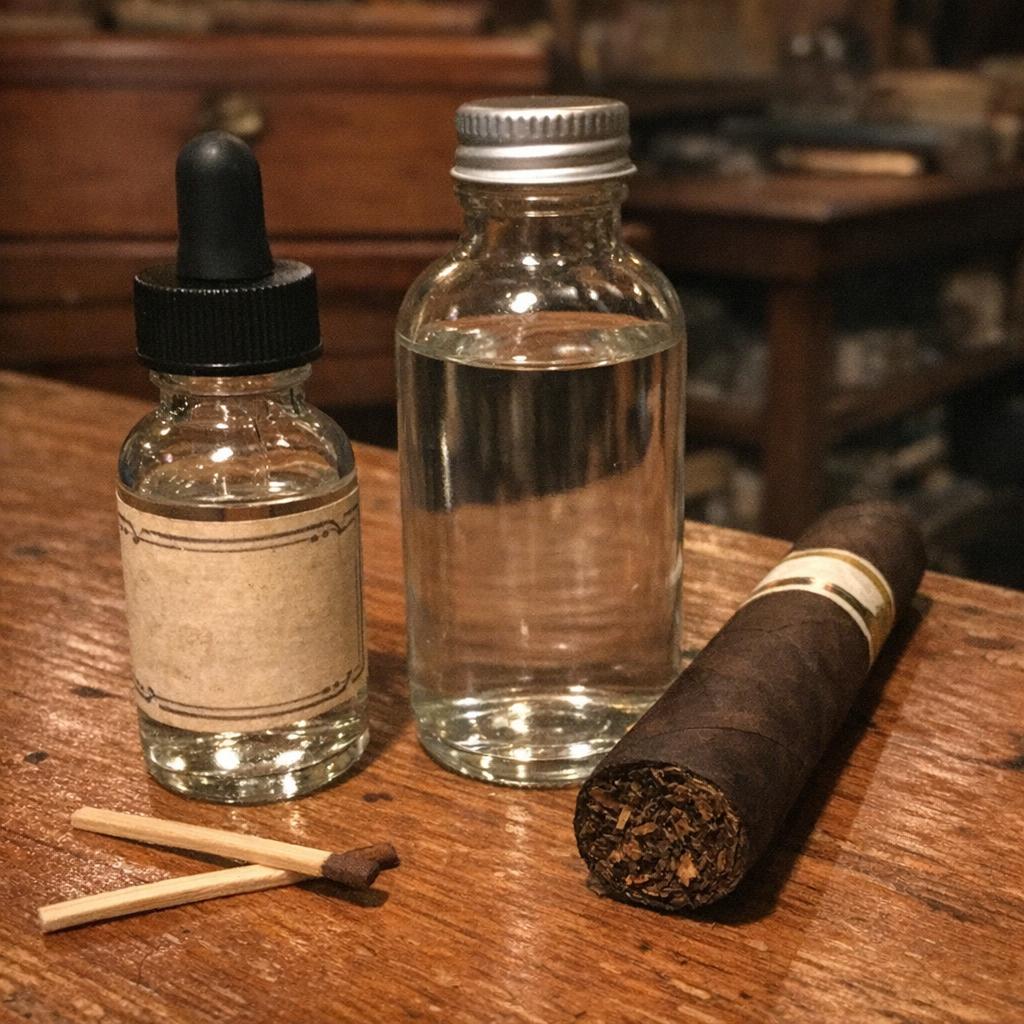 A small glass dropper bottle of propylene glycol solution next to a taller bottle of distilled water on a cedar countertop, beside a single Maduro cigar and a pair of cedar matches