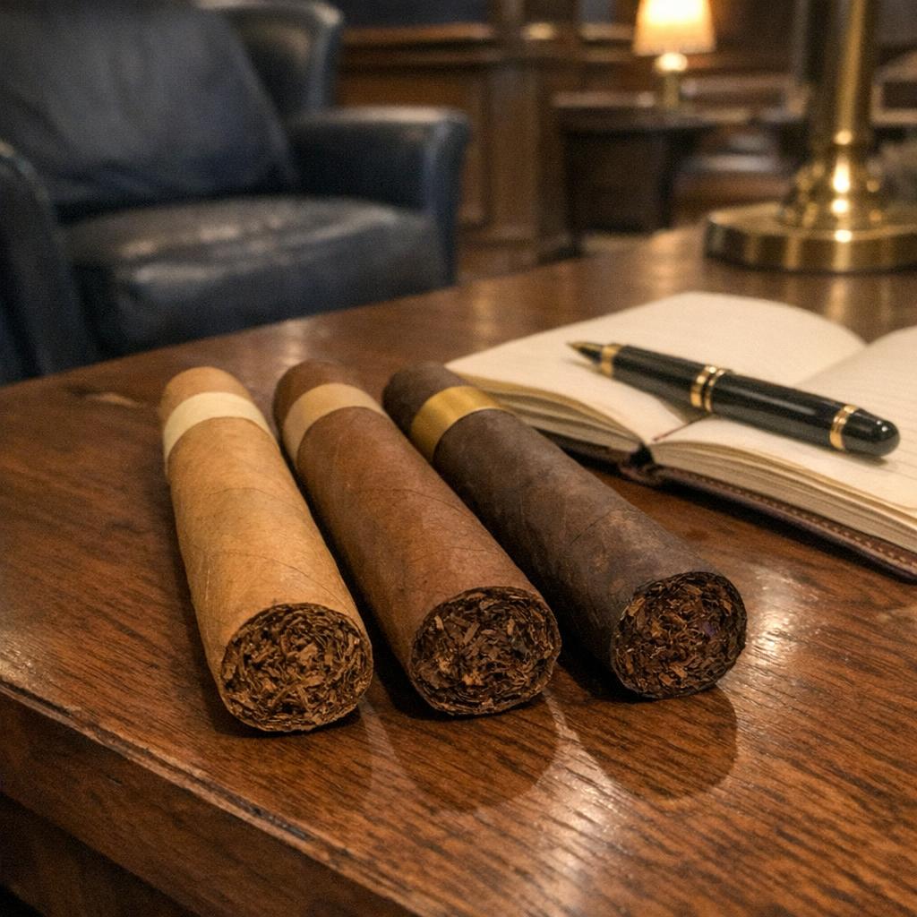Three unlit cigars laid in a row from pale to dark on a walnut table beside an open notebook and a fountain pen.