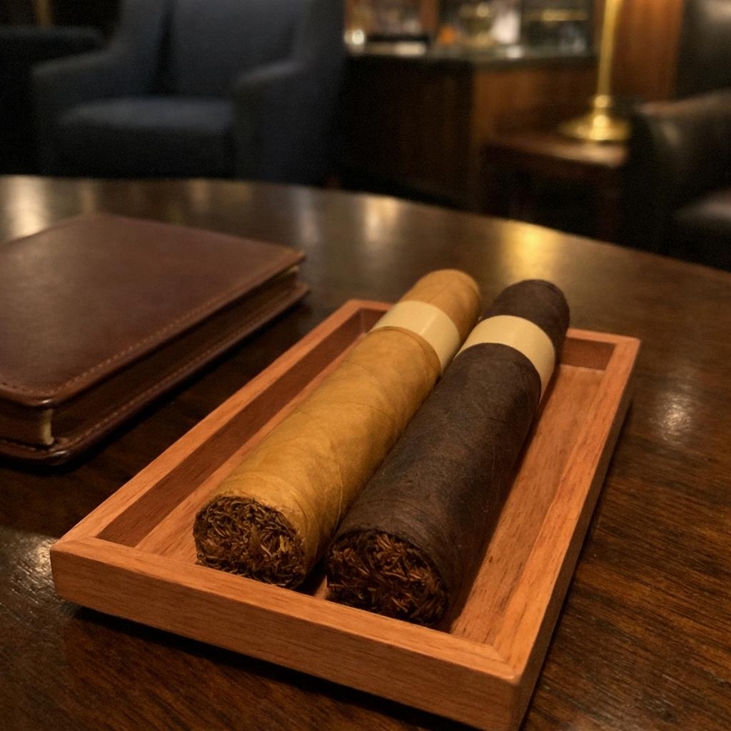 A pale Connecticut shade cigar and a dark maduro cigar lie side by side on a cedar tray beside a closed leather notebook.