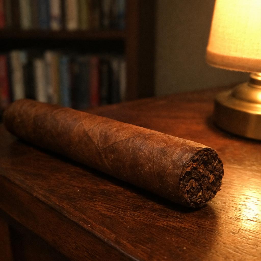 A maduro robusto resting on a dark walnut writing table under a warm desk lamp, the foot showing the clean cut tobacco bunch before lighting