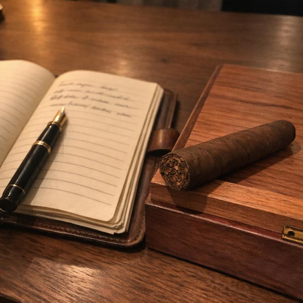 An open leather-bound journal with a brass fountain pen in the crease, a maduro robusto resting on the cedar lip of a closed humidor beside the journal, warm lamplight from the upper-left on a dark walnut writing desk
