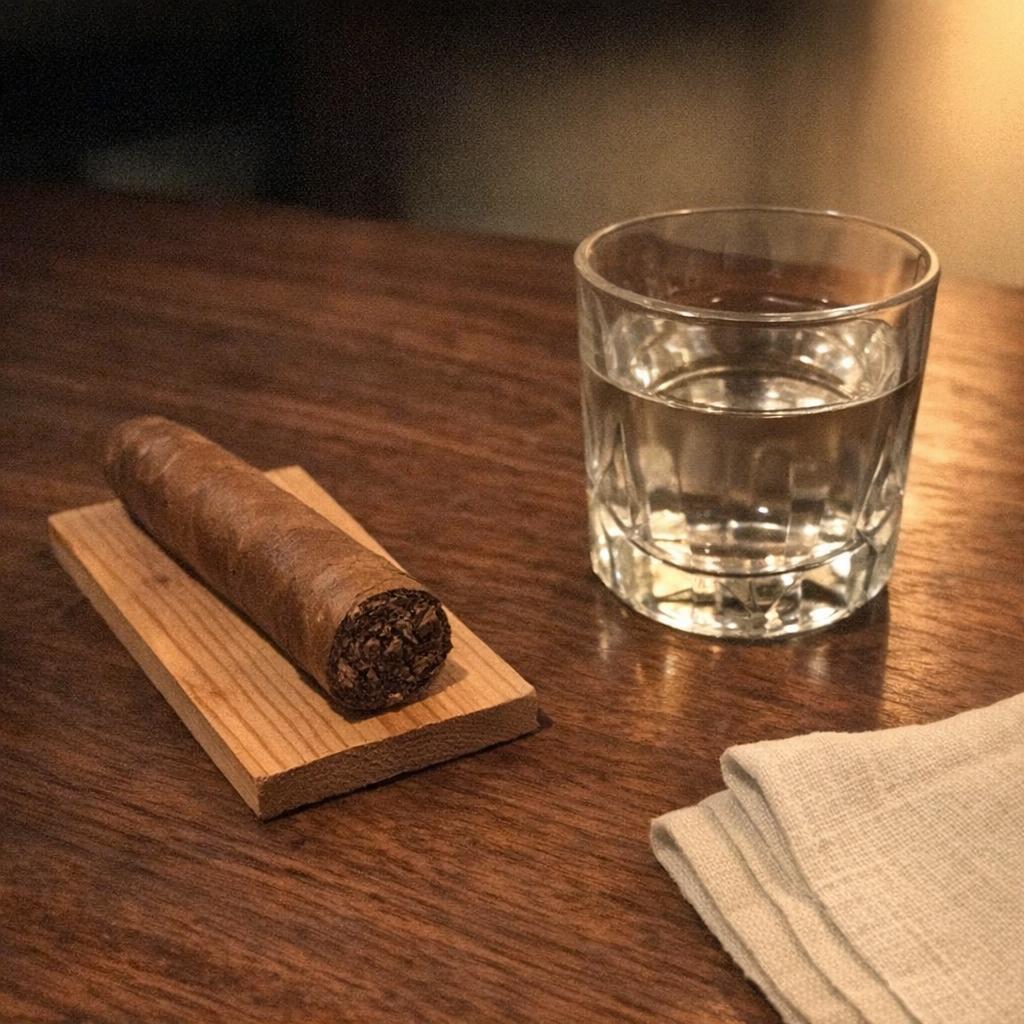 A premium robusto resting on a small cedar plank beside a tumbler of room temperature water and a folded linen napkin on a dark walnut writing table, warm lamplight from the right