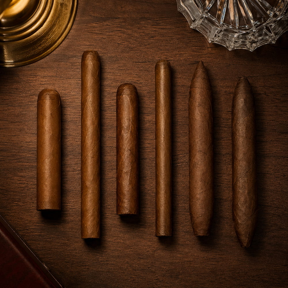 Six premium cigars laid out side by side showing common vitolas, robusto, churchill, corona, lonsdale, torpedo, and perfecto