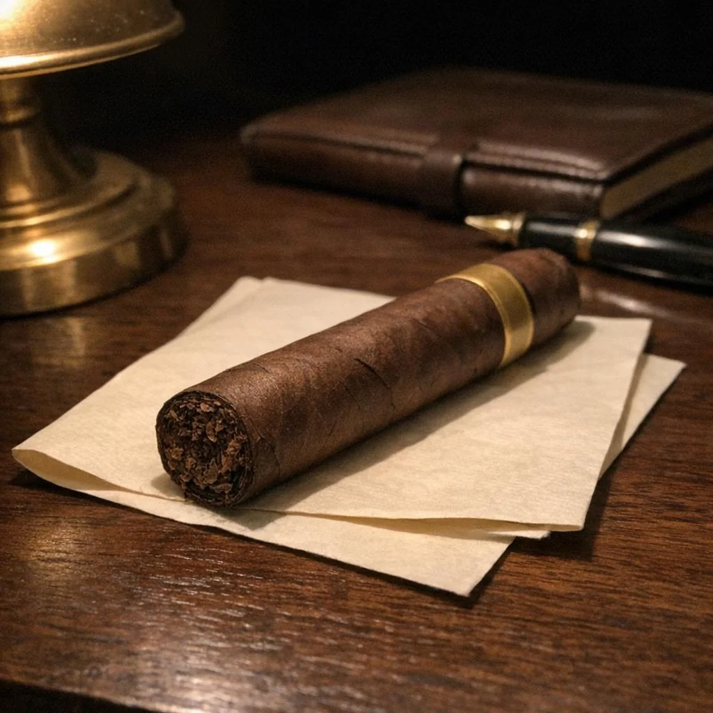An unlit cigar rests on a folded letter beside a brass reading lamp, a fountain pen and a leather notebook on a dark walnut desk.