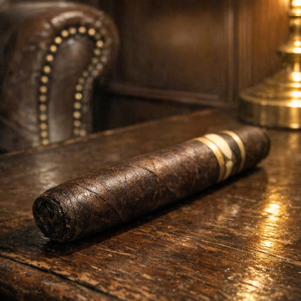 Single premium cigar with rich reddish-brown to near-black Maduro wrapper resting on a dark walnut surface, lit by warm amber lamp