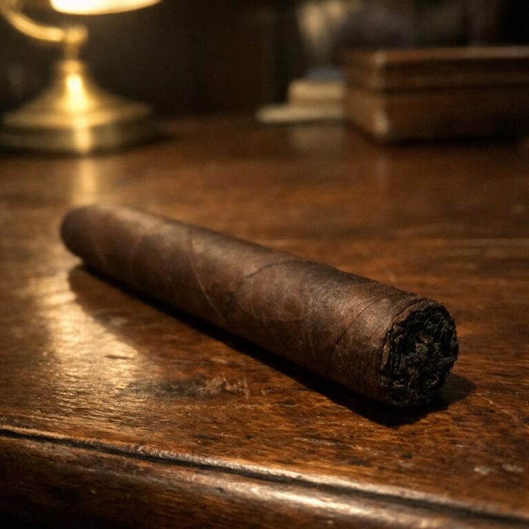 A dark Maduro-wrapped cigar resting flat on a worn walnut desk, brass reading lamp glowing warm in the background, the deep espresso-brown wrapper catching soft lamplight.