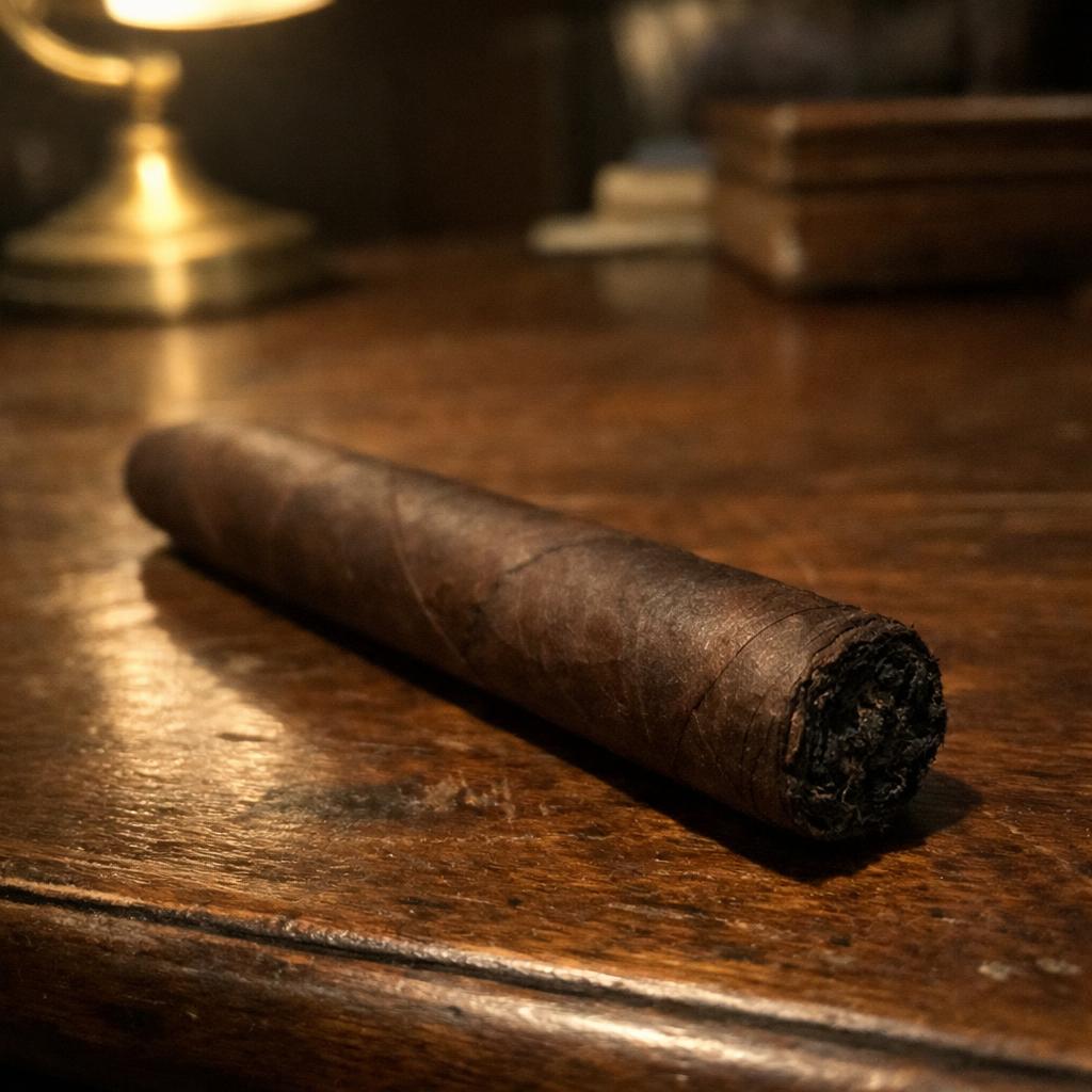 A dark Maduro-wrapped cigar resting flat on a worn walnut desk, brass reading lamp glowing warm in the background, the deep espresso-brown wrapper catching soft lamplight.
