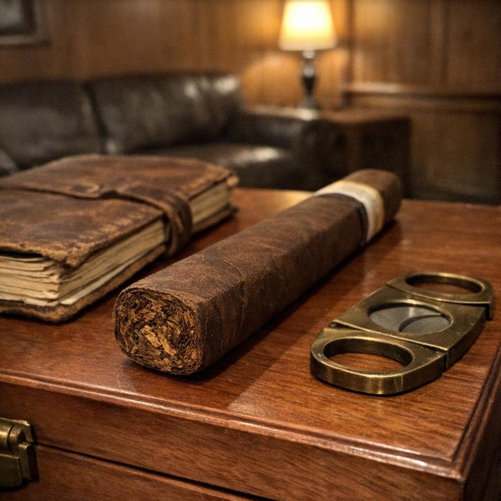 A box-pressed cigar rests on a humidor lid beside a worn leather notebook and a brass cutter in a quiet lounge.