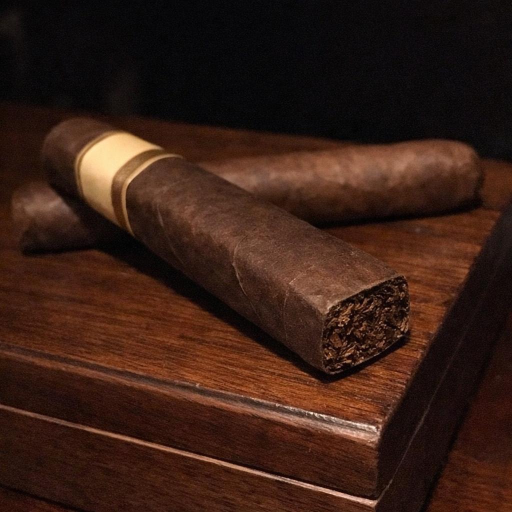 A box-pressed cigar rests on a dark cigar box lid beside a round cigar for shape contrast.