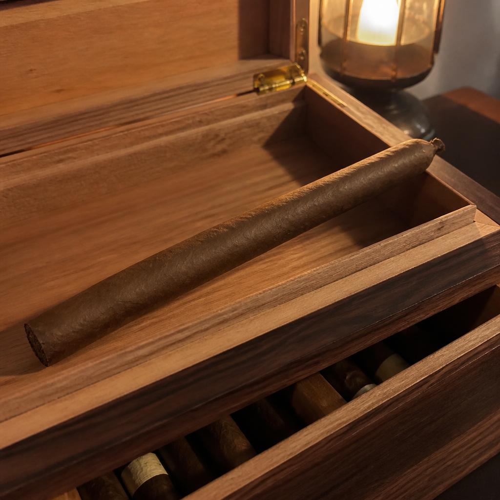 A single lancero cigar with a pigtail cap resting across the cedar tray of an open humidor under warm evening lamplight
