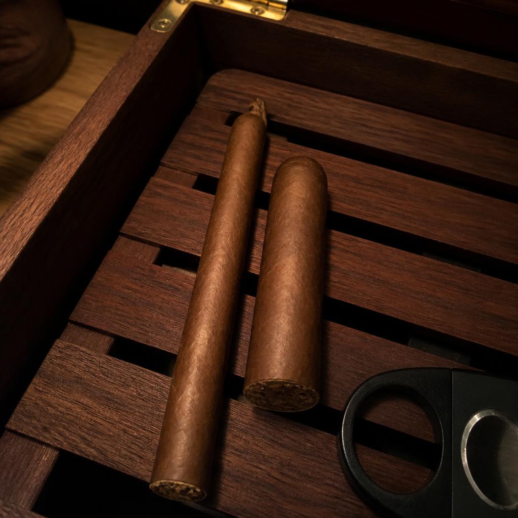 A long, slender lancero cigar with a twisted pigtail cap lying beside a shorter, stouter robusto on cedar humidor slats