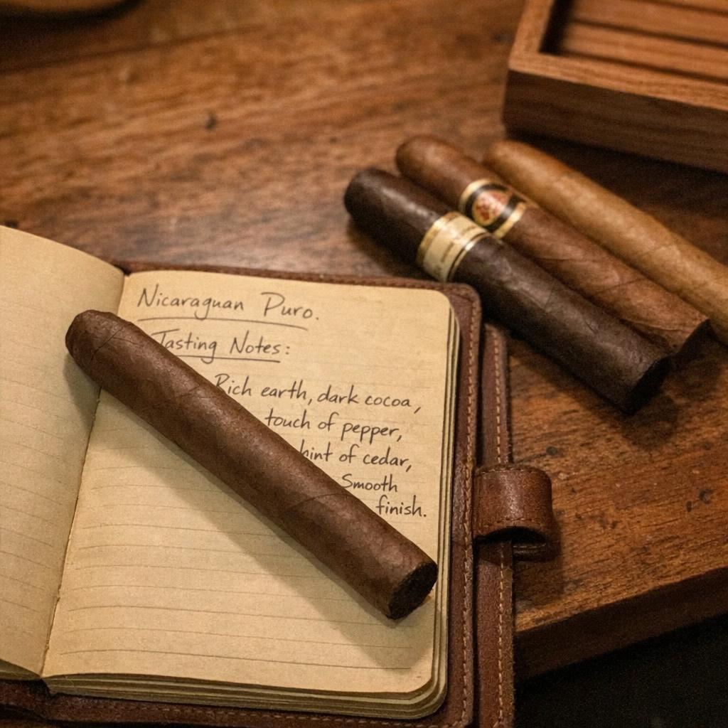 A dark-wrapper cigar rests across an open leather notebook with a handwritten Nicaraguan puro tasting note, more cigars and a cedar tray nearby.