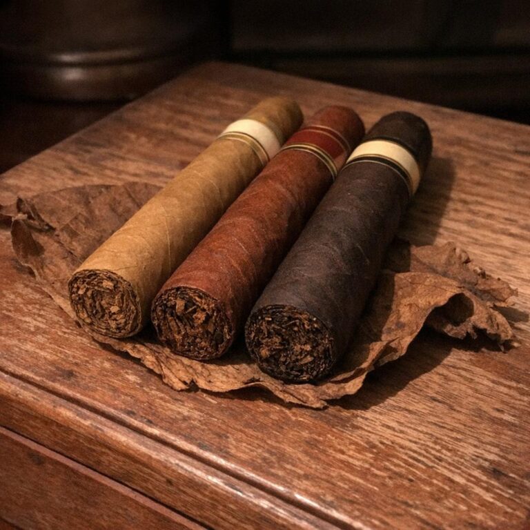Three unlit cigars with tan, reddish-brown and dark walnut wrappers rest on a curl of raw tobacco leaf on a cedar surface.