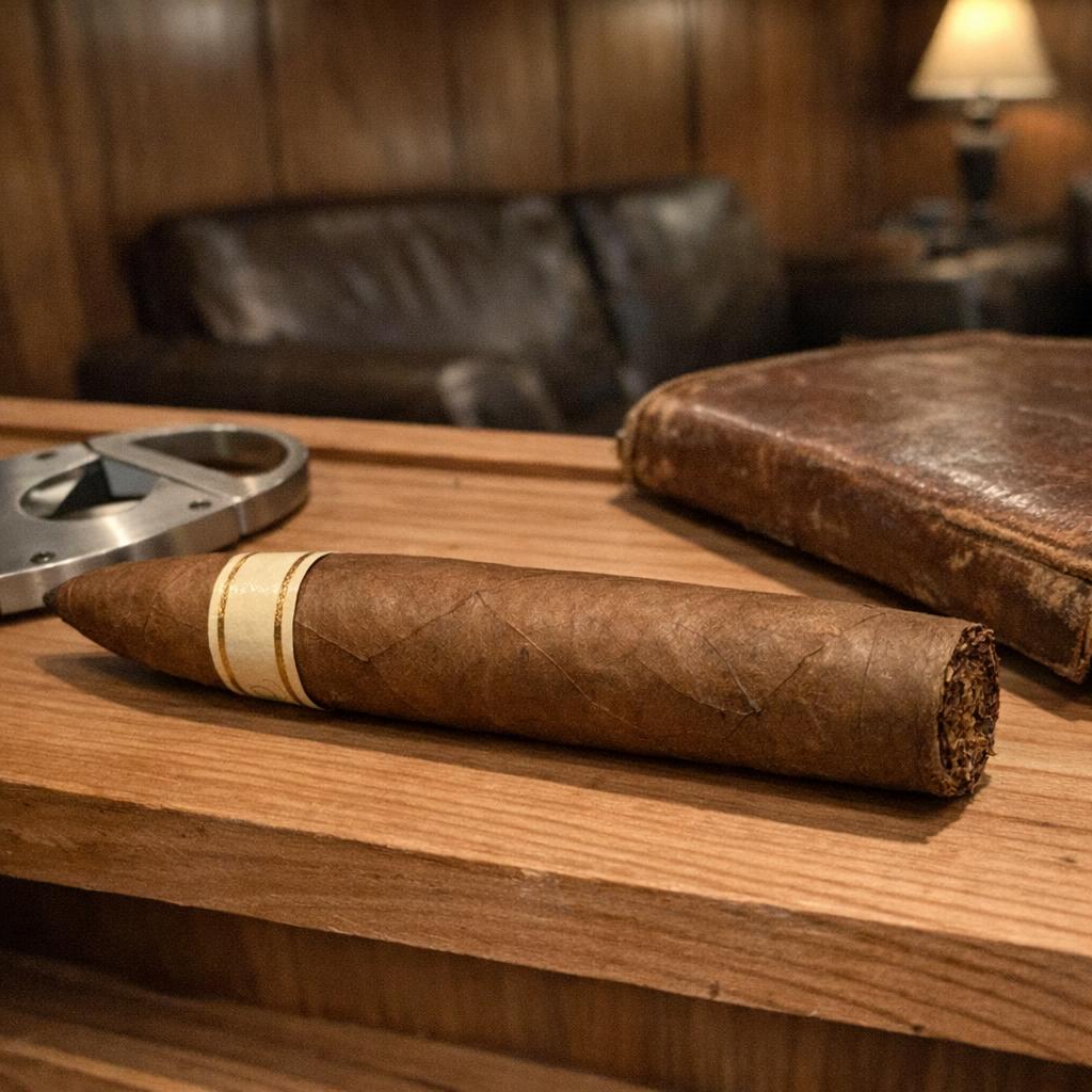 An unlit torpedo cigar with an uncut tapered head rests on a cedar shelf beside a stainless V-cutter and a leather notebook.
