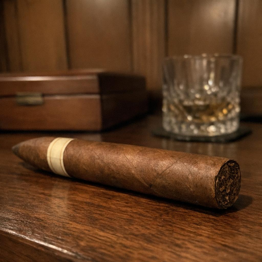 An unlit torpedo cigar on a walnut table, its tapered pointed head at one end and an open flat-cut foot at the other.