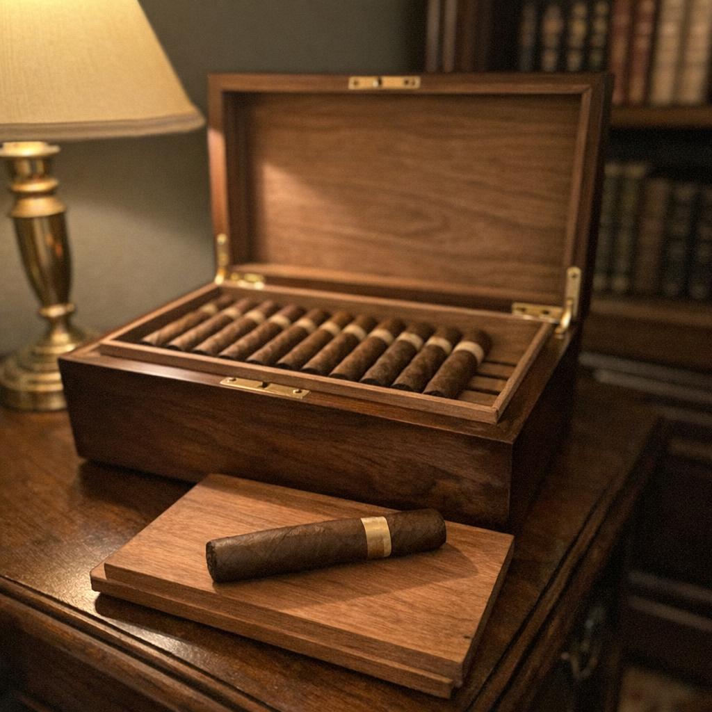An open walnut desktop humidor holds rows of cigars on a cedar tray beside a brass reading lamp, with one unlit cigar resting nearby on a wooden side table.