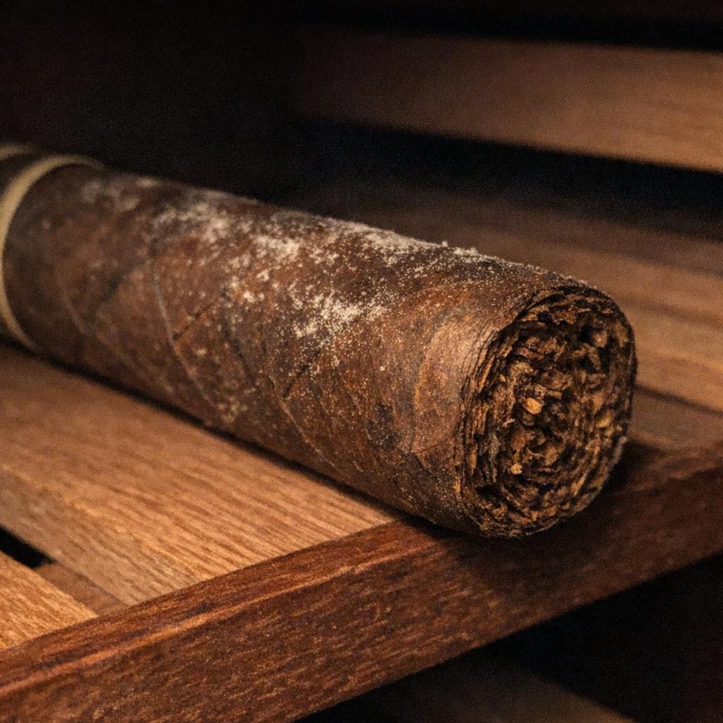 A fine dusting of white plume sits on the wrapper of an aged cigar resting on a cedar humidor shelf, warm lamplight picking out the crystalline texture.