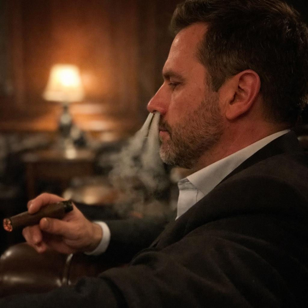 A well-dressed man in a wood-panelled lounge exhaling cigar smoke down through his nose, a lit cigar in his hand